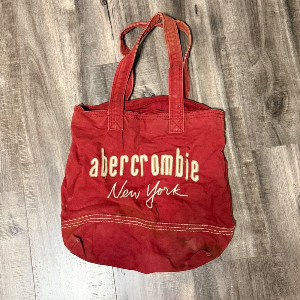 Abercrombie‎ & Fitch Red Canvas Tote Bag Vintage Logo Distressed Shopper Bag